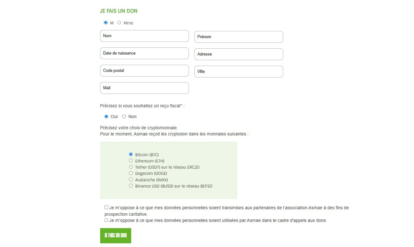 L'Asmae donne la possibilité aux donateurs de fournir une aide financière en crypto.