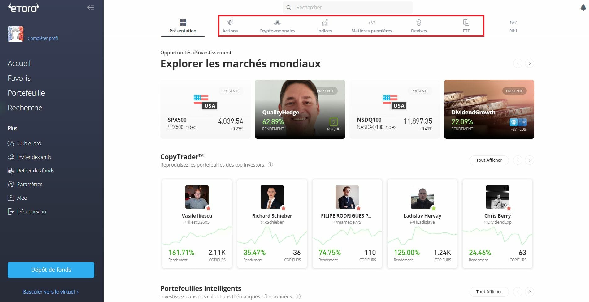 La liste des actifs est très fournie sur eToro, qu'il s'agisse d'actions, de crypto comme Bitcoin ou Ethereum ou encore d'ETF