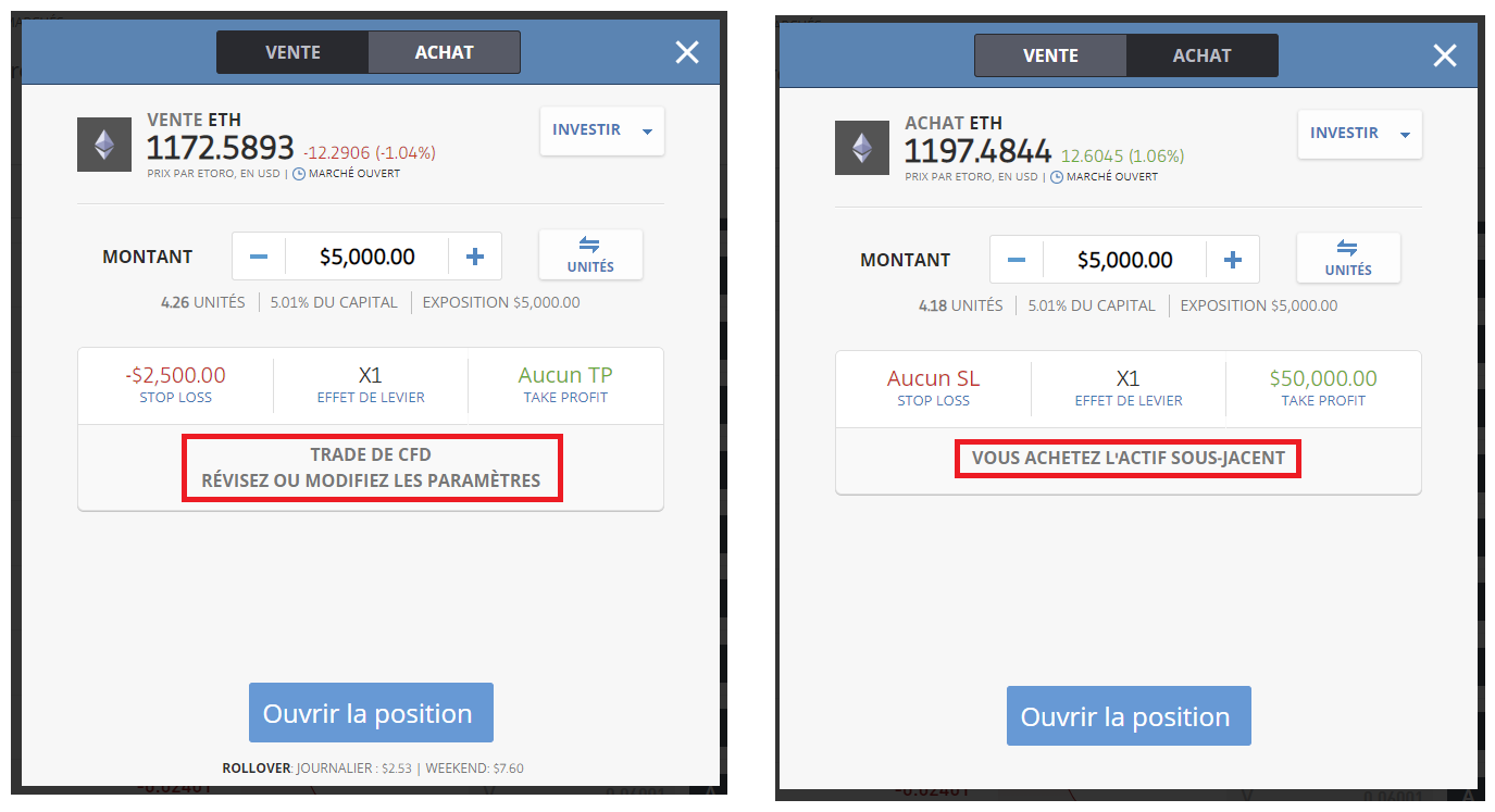 CFD ou actif sous jacent eToro, tout est toujours clairement précisé par l'application au moment de placer vos ordres, sur les actions comme sur les cryptos