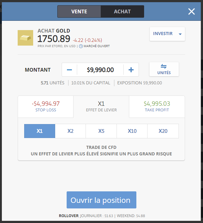 L'ouverture de position sur eToro passe par une interface conçue pour les débutants afin de leur permettre d'investir en toute sécurité sur les cryptos ou les actions 