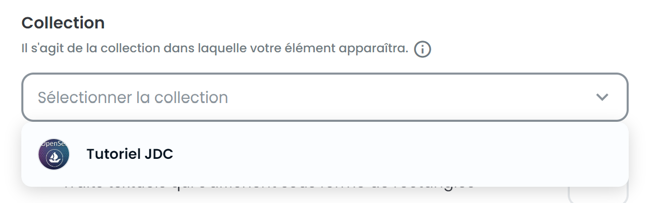 Capture d'écran de choix de la collection OpenSea