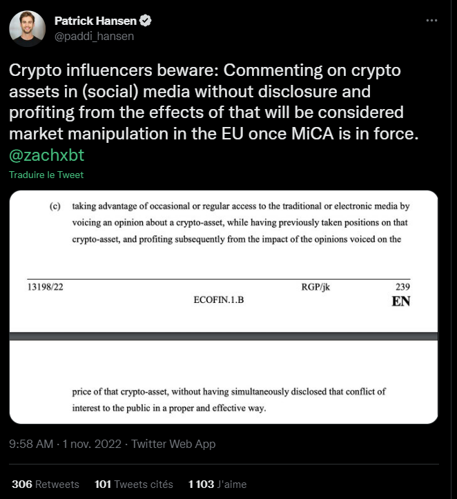 Tweet de Patrick Hansen sur les influenceurs crypto et MiCa