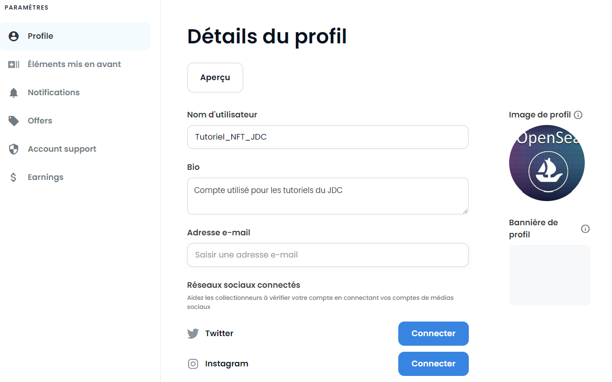 Capture d'écran de profil OpenSea