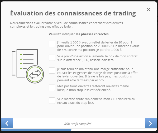 Questionnaire eToro qui vise à protéger les traders débutants qui voudraient s'engager sur des produits financiers risqués tels que les CFD sans le savoir