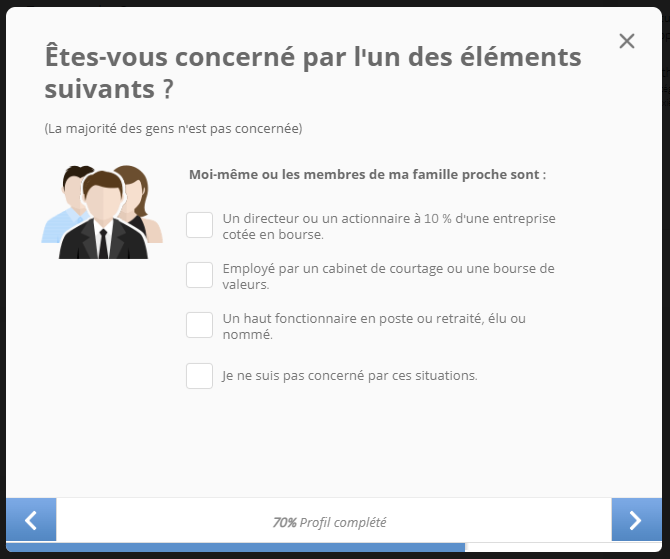 Questionnaire eToro délit d'initié, afin de protéger la plateforme des poursuites que pourraient engager les services fiscaux en cas de malversation