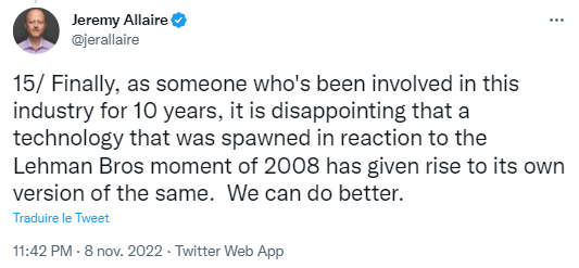 Jeremy Allaire regrette que les acteurs cryptos en arrive à leur propre moment Lehman Brothers .