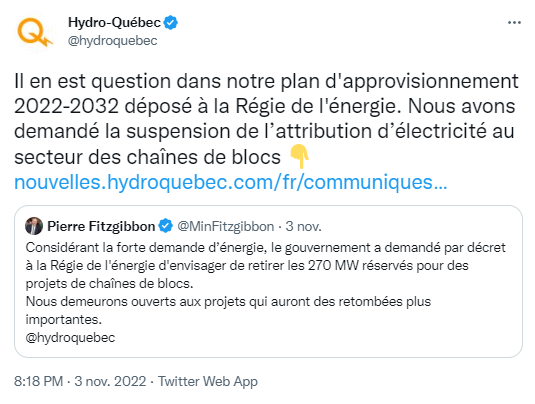 Plus d’électricité pour les mineurs de Bitcoin au Québec ?