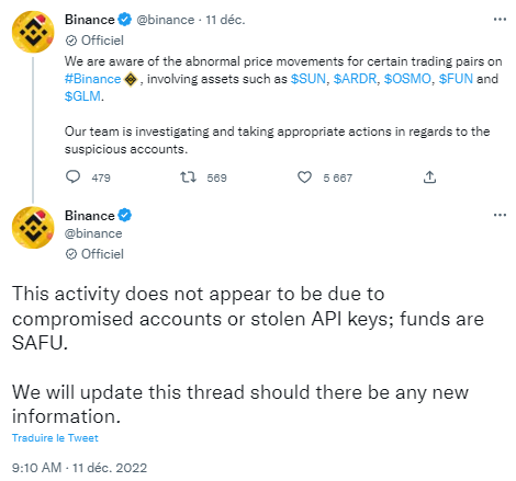 Binance annonce des anomalies de marché sur plusieurs tokens.