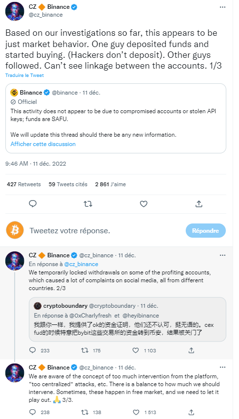 CZ se veut rassurant sur les anomalies de marché détectées sur Binance : pas de piratage.