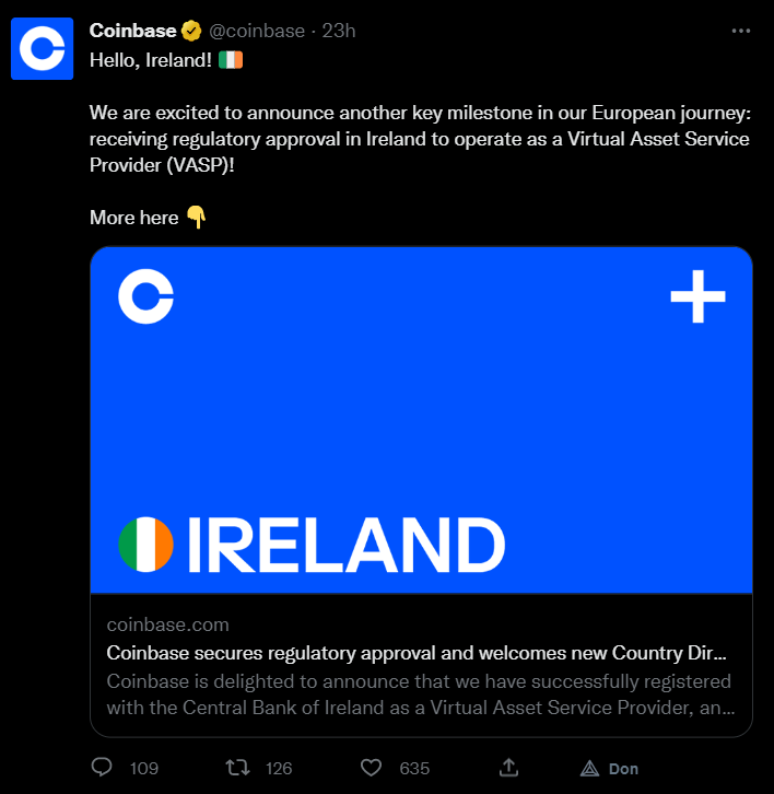 Coinbase vient d'annoncer l'enregistrement de deux entités comme fournisseurs de services d'actifs virtuels (VASP) en Irlande. L'exchange américain poursuit sa conquête de l'Europe et utilise la règlementation européenne pour asseoir son avance sur la concurrence. 