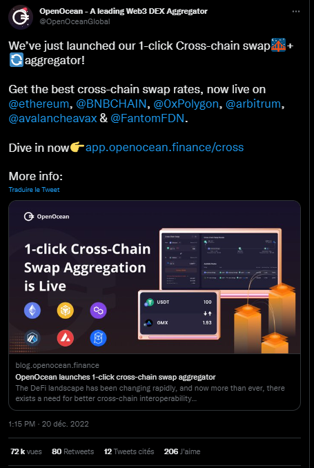 OpenOcean vient d'annoncer le lancement d'une nouvelle plateforme de swap tout-en-un connectée à Etehreum, BNB chain, Polygon, Arbitrum, Avalanche et Fantom. La DeFi poursuit sa conquête des utilisateurs avec des interfaces simplifiées qui concurrencent certaines plateformes centralisées. 