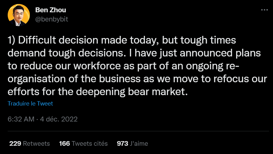 Le CEO et co-fondateur de Bybit Ben Zhou vient d'annoncer sur Twitter qu'il devait se séparer d'une partie de son personnel à cause de la mauvaise conjoncture économique. On a appris par des sources sûres qu'environ 30% des effectifs sont en danger. Sale temps pour les employés du secteur de la crypto qui licencie à tour de bras ! Liste non exhaustive à retrouver dans l'article.