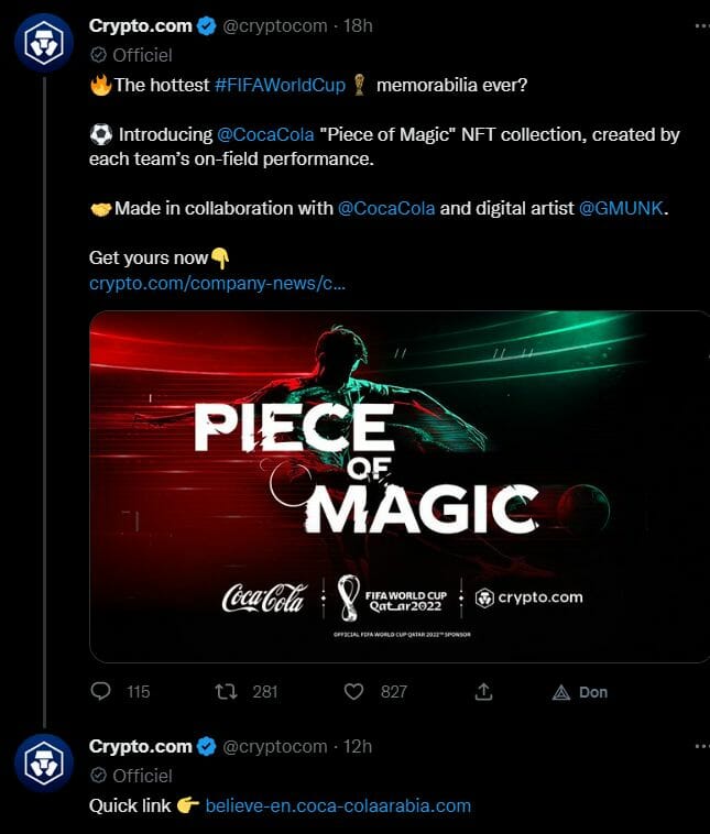 Crypto.com, Coca-Cola et l'artiste Gmunk s'associent pour proposer 10 000 NFT exclusifs inspirés des meilleurs moments de la Coupe du Monde de la FIFA 2022 au Qatar.