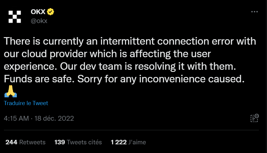 Plus de peur que de mal pour l'exchange OKX et ses utilisateurs qui n'ont pas pu accéder à leurs comptes pendant quelques heures à cause d'une panne de cloud chez Alibaba Cloud.