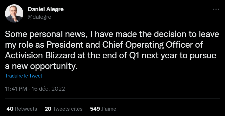 YugaLabs vient d'annoncer l'arrivée prochaine au poste de CEO d'une pointure de l'industrie du jeux vidéo en la personne de Daniel Alegre. Cet ancien de chez Activision aura la charge de développer le secteur métavers de la maison qui détient les droits des Bored Apes Yacht Club et des CryptoPunks.