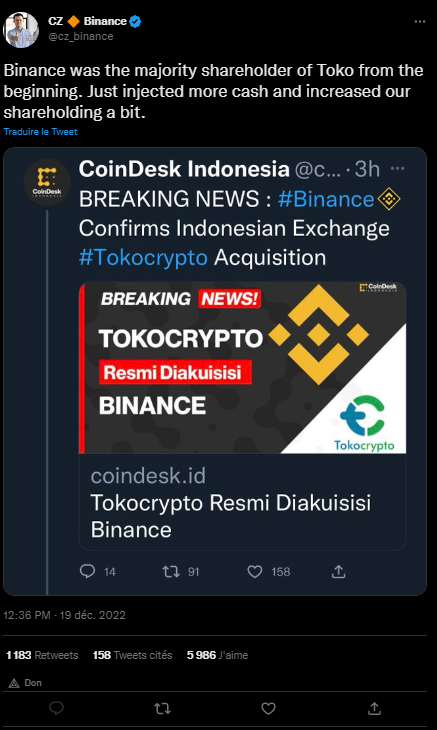 Binance continue sa conquête du monde en faisant l'acquisition de Tokocrypto, une plateforme crypto indonésienne. Déjà régulée par les autorités financières locales, Tokocrypto permettra à l'exchange de CZ de développer son business dans le pays sans avoir à batailler pour obtenir de licences supplémentaires.  