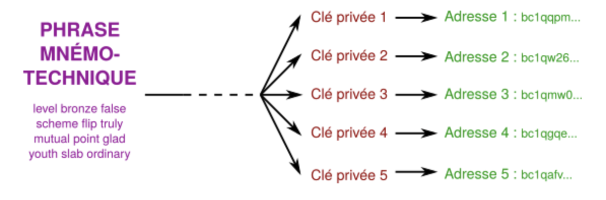 Liens cryptographiques entre phrase de récupération et adresses publiques