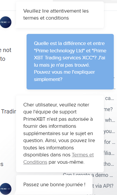 Réponse du service client de Prime XBT quant à la régulation