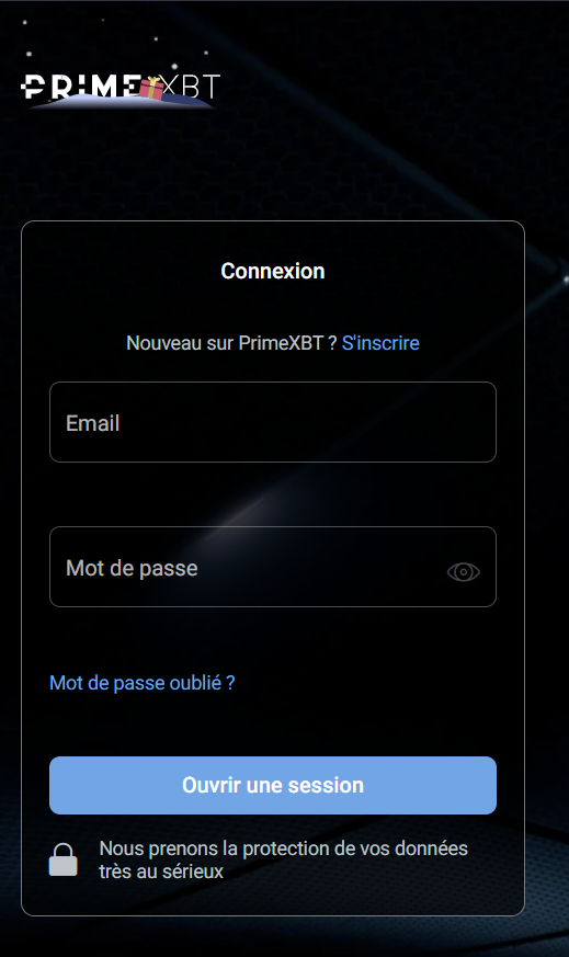 Menu qui s'ouvre à l'inscription sur Prime XBT