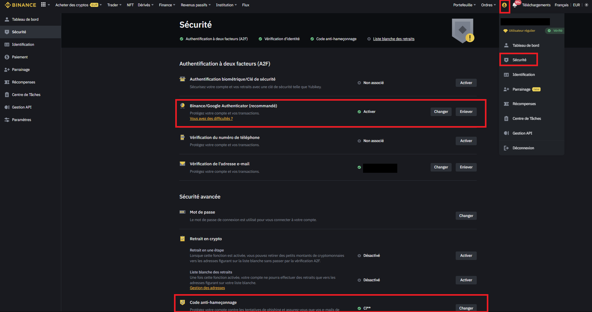 Options de sécurité sur Binance