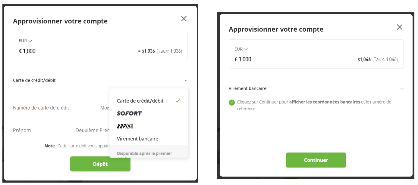 Sur eToro les taux de change sont différents en fonction du moyen de paiement