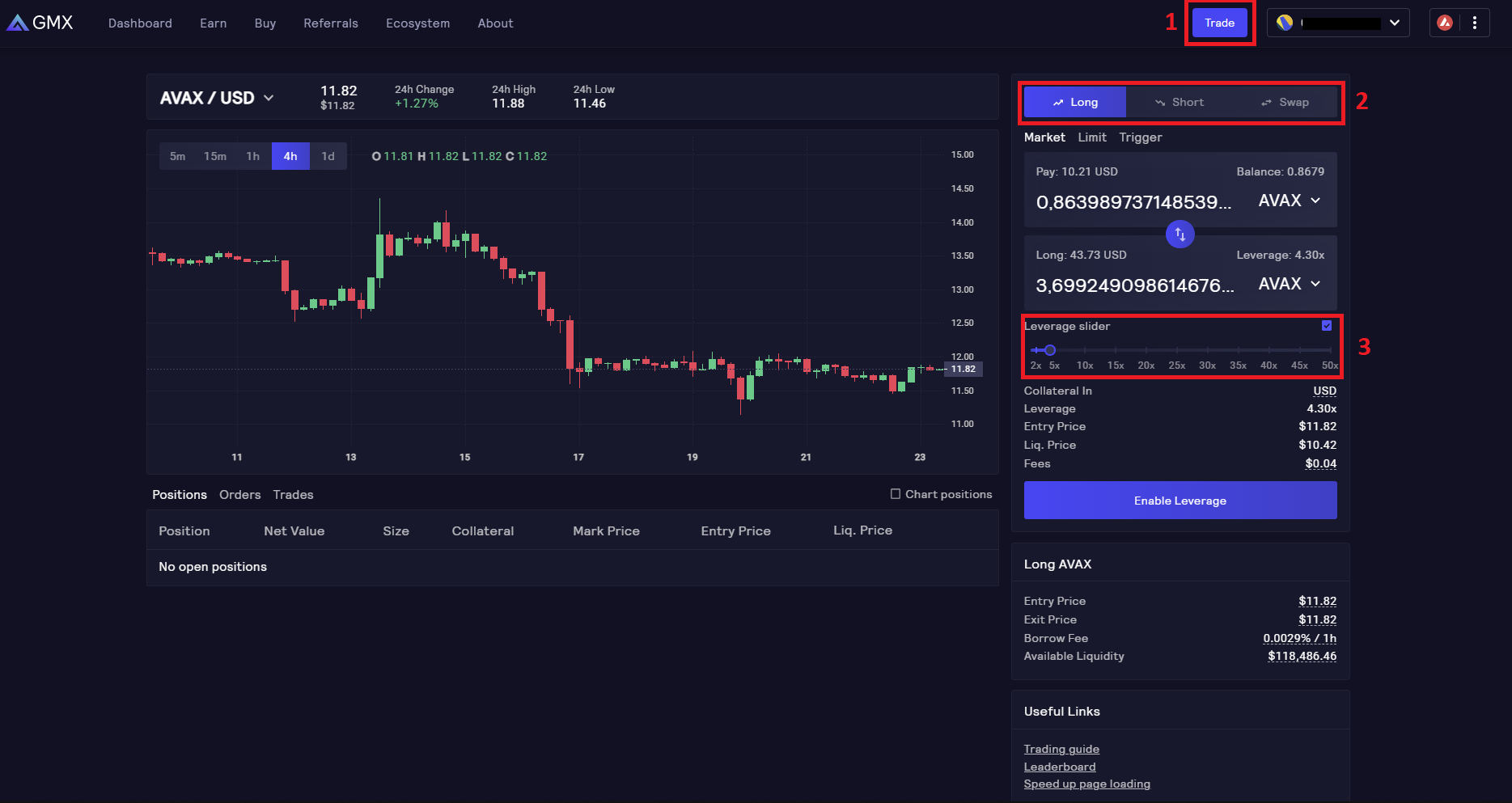 Onglet Trade sur GMX