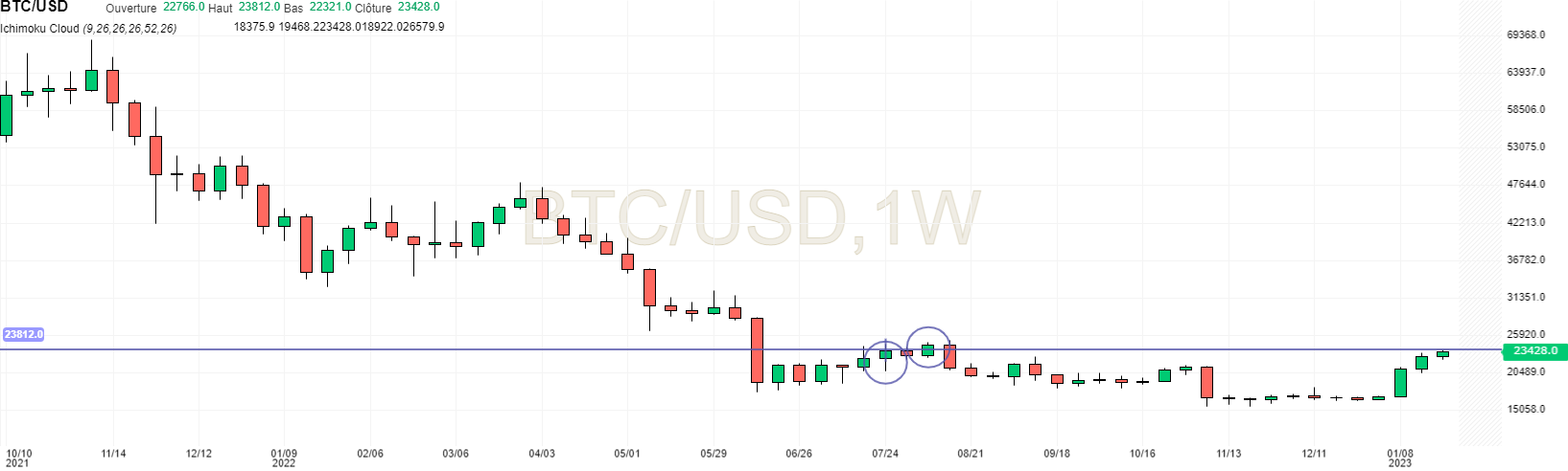 BTC/USD en unité hebdomadaire