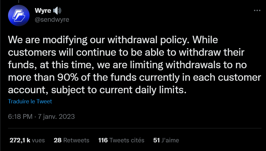 Le spécialiste des paiements en cryptomonnaie Wyre annonce limiter les retraits à 90% des possibilités tout en changeant de responsable à la tête de l'entreprise. Signe de faiblesse ou reprise en main ?