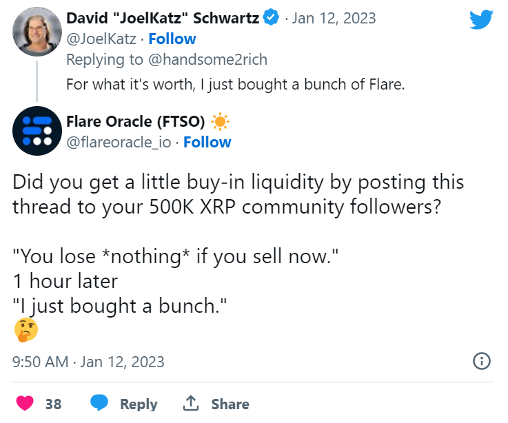 Le directeur technique de Ripple David Schwarrtz a-t-il profité de sa large audience pour faire baisser les prix du FLR et en racheter à un meilleur tarif ? Impossible à dire. Et surtout, le jeu en vaut-il la chandelle ? Tout ça pour 10% de gain à l'achat ? 