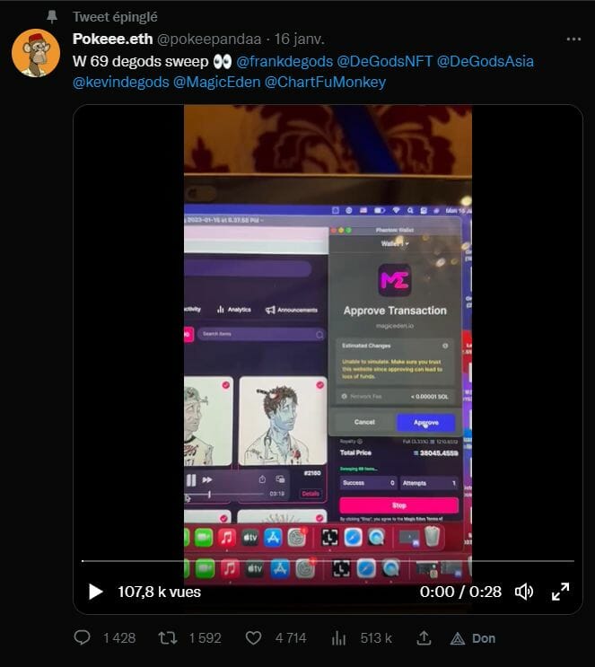 Un achat de 69 NFT d'un coup pour 900 000 dollars, ce n'est pas si courant ! Cela s'est passé sur Magic Eden et il s'agit de NFT de la collection DeGods qui tourne actuellement sur Solana mais qui va bientôt migrer vers Ethereum. L'acheteur, un certain Pokeee n'en est pas à son coup d'essai puisqu'il possède déjà d'autres NFT fameux comme des Bored Ape Yacht Club.