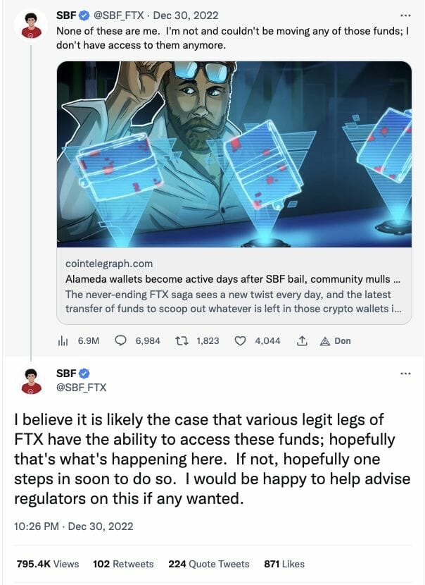 Tweet de Sam Bankman-Fried expliquant son innocence dans l'affaire des mouvements crypto des portefeuilles d'Alameda Research