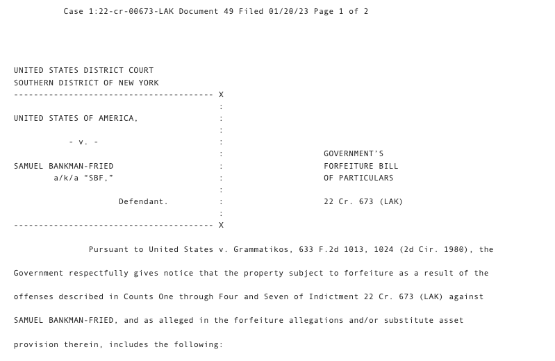 Disponible en ligne sur internet, ce papier sobre signe par le procureur Damian Williams ordonne la saisi de 700 millions de dollars d'actifs appartenant à Sam Bankman Fried