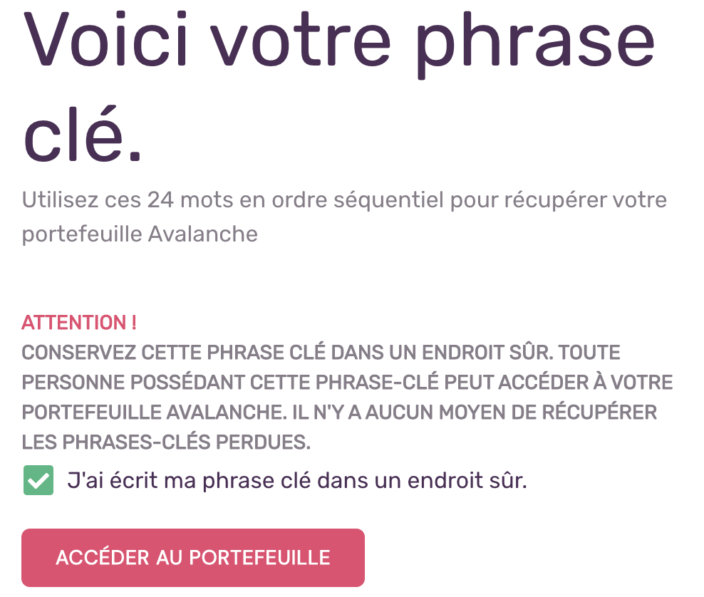 Rappel du wallet Avalanche : conservez précieusement votre phrase de récupération de portefeuille