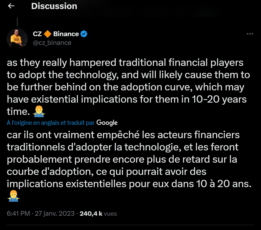 ...CZ les met en garde car ils seraient sur le point de passer à côté des investissements qui leur rapporteront beaucoup dans le futur ! Binance inquiet des banques ? Vraiment ? 