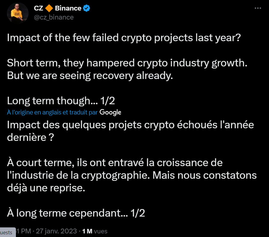 CZ utilise Twitter pour faire passer des messages à tout l'écosystème financier. Aujourd'hui, il s'adresse aux acteurs de la finance traditionnelle qui seraient frileux à investir dans la crypto à cause des événements de l'année dernière....