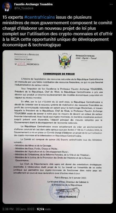 La République centrafricaine continue d'avancer sur ses projets liés à la cryptomonnaie. Après la légalisation de Bitcoin et le lancement, certes contrarié, du Sango Coin, le pays vient de créer un comité pour réfléchir à un nouveau cadre légal à propos des cryptomonnaies. 