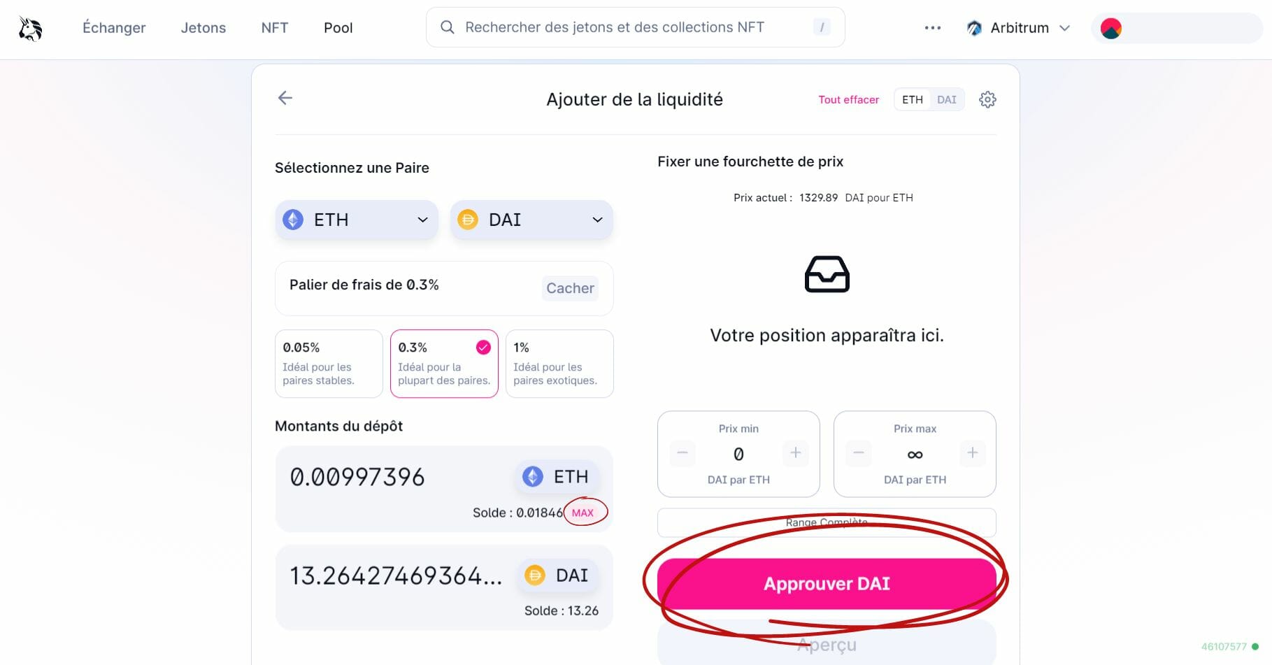 Interface de l'approbation des jetons déposés dans une pool.