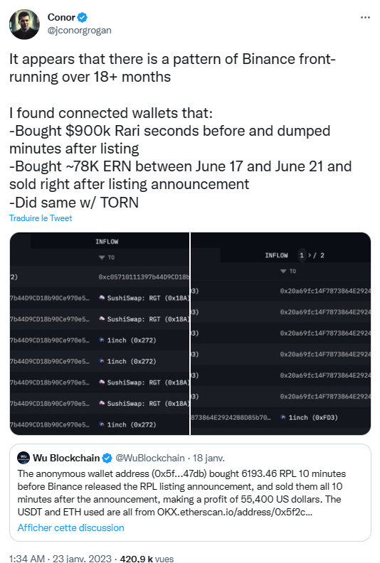 Des accusations de Coinbase sur les annonces de cotation de tokens de Binance.