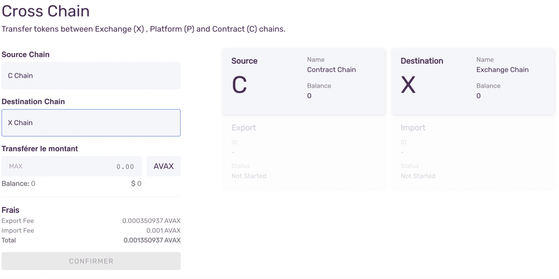 Transfert des AVAX de la C-chain vers la X-Chain.