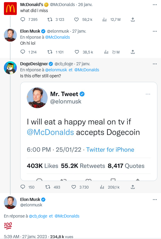 Elon Musk prêt à faire de la pub pour McDonald's s’il peut payer en dogecoins.