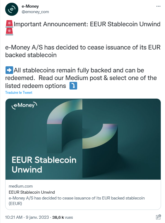 e-Money met fin à l’aventure de son stablecoin de l’euro, EEUR.