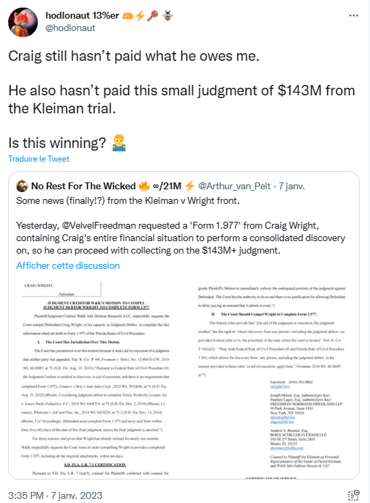 Craig Wright doit toujours dédommager Hodlonaut.