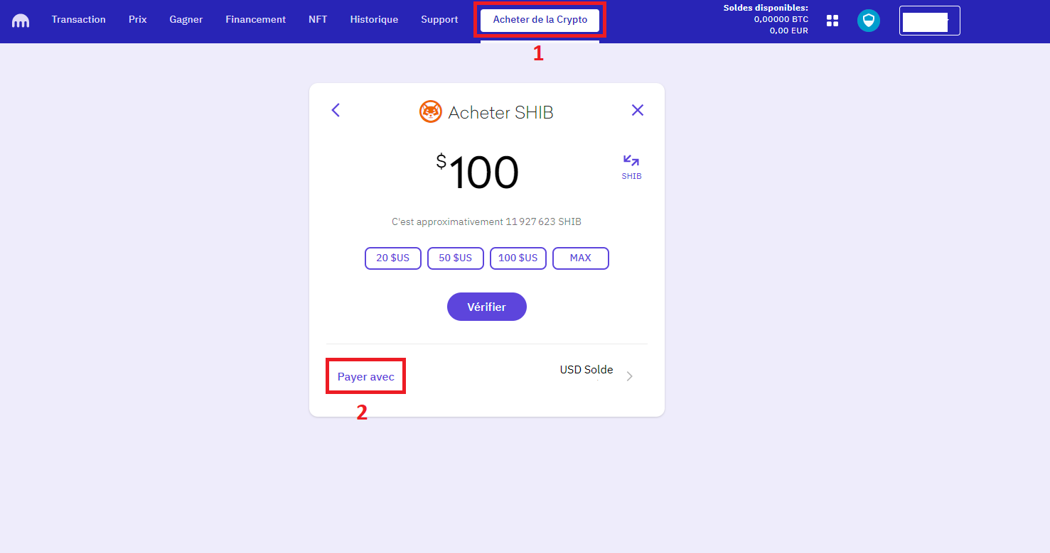 Achat de SHIB sur Kraken avec le menu « Acheter de la crypto »
