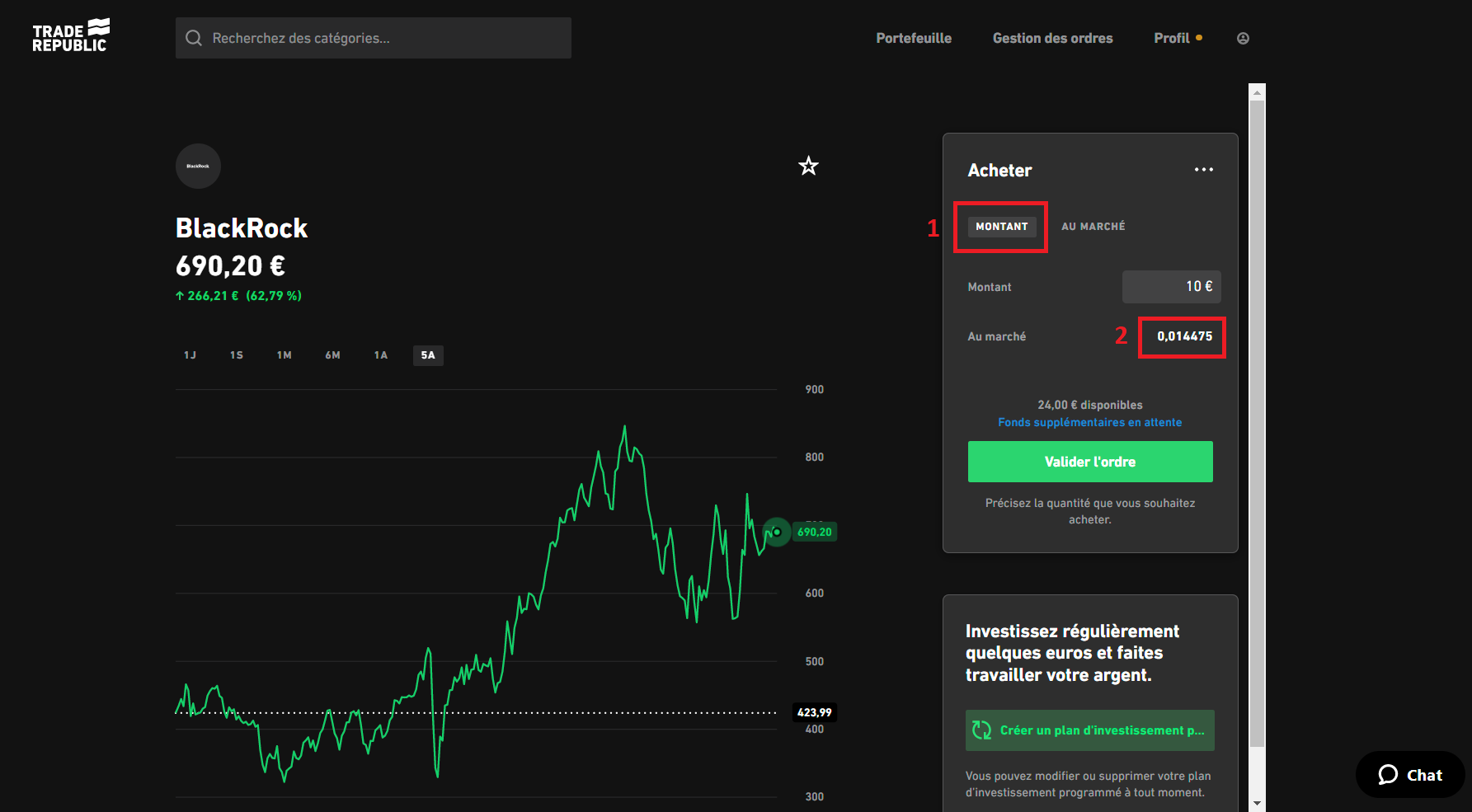 Achat de fraction d'action sur Trade Republic, telles que Blackrock ou Amazon