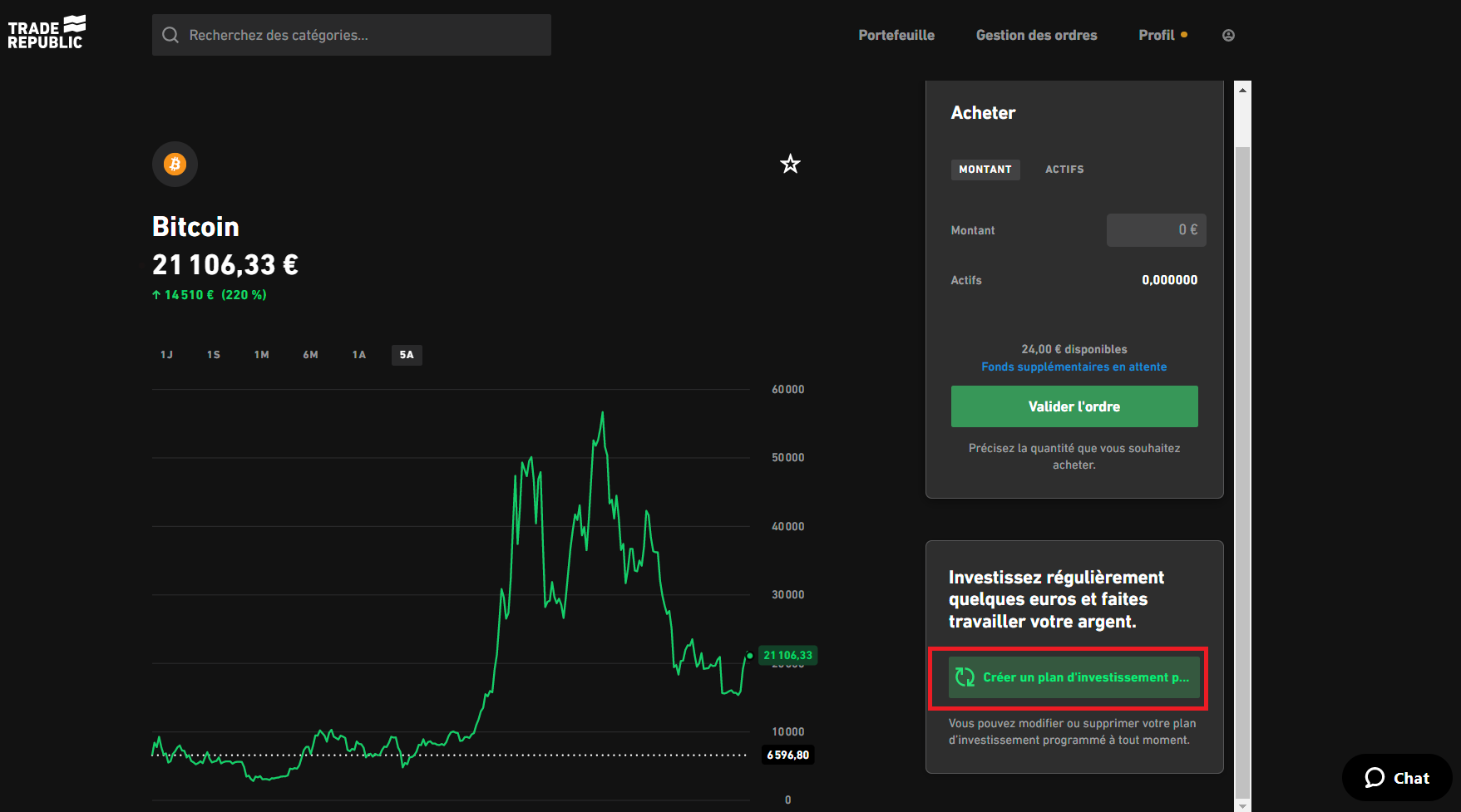 Programmation d'un achat de Bitcoin sur Trade Republic, semblable à ce que serait un achat d'ethereum ou d'altcoin