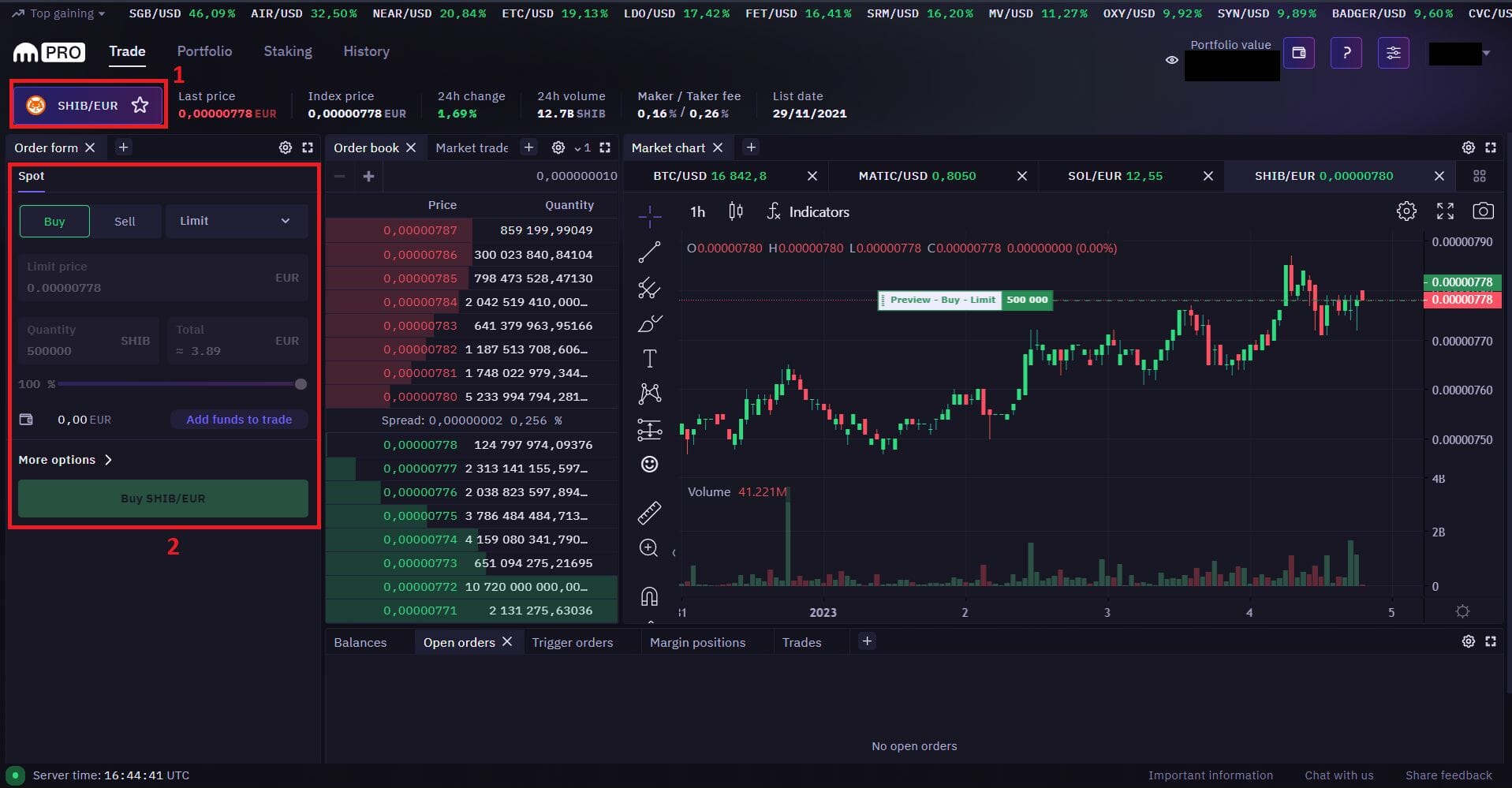 Achat de SHIB sur Kraken avec l'interface Kraken Pro