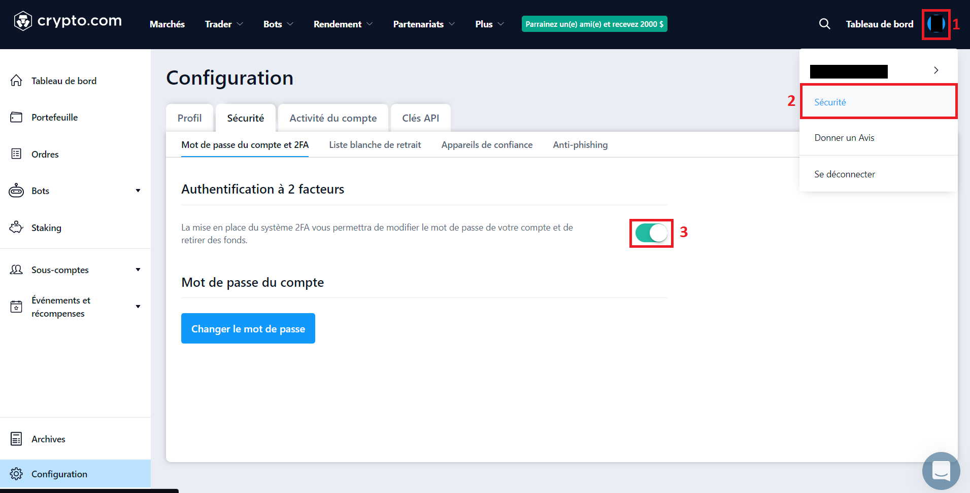 Activation du 2FA sur Crypto.com