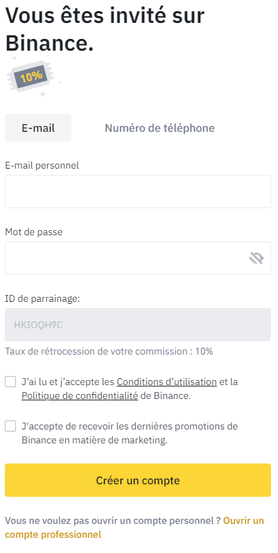 Inscription sur Binance