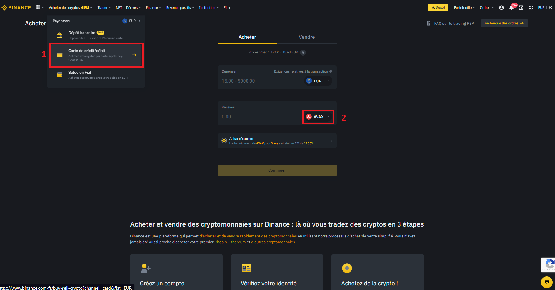 Achat d'AVAX par carte bancaire sur Binance