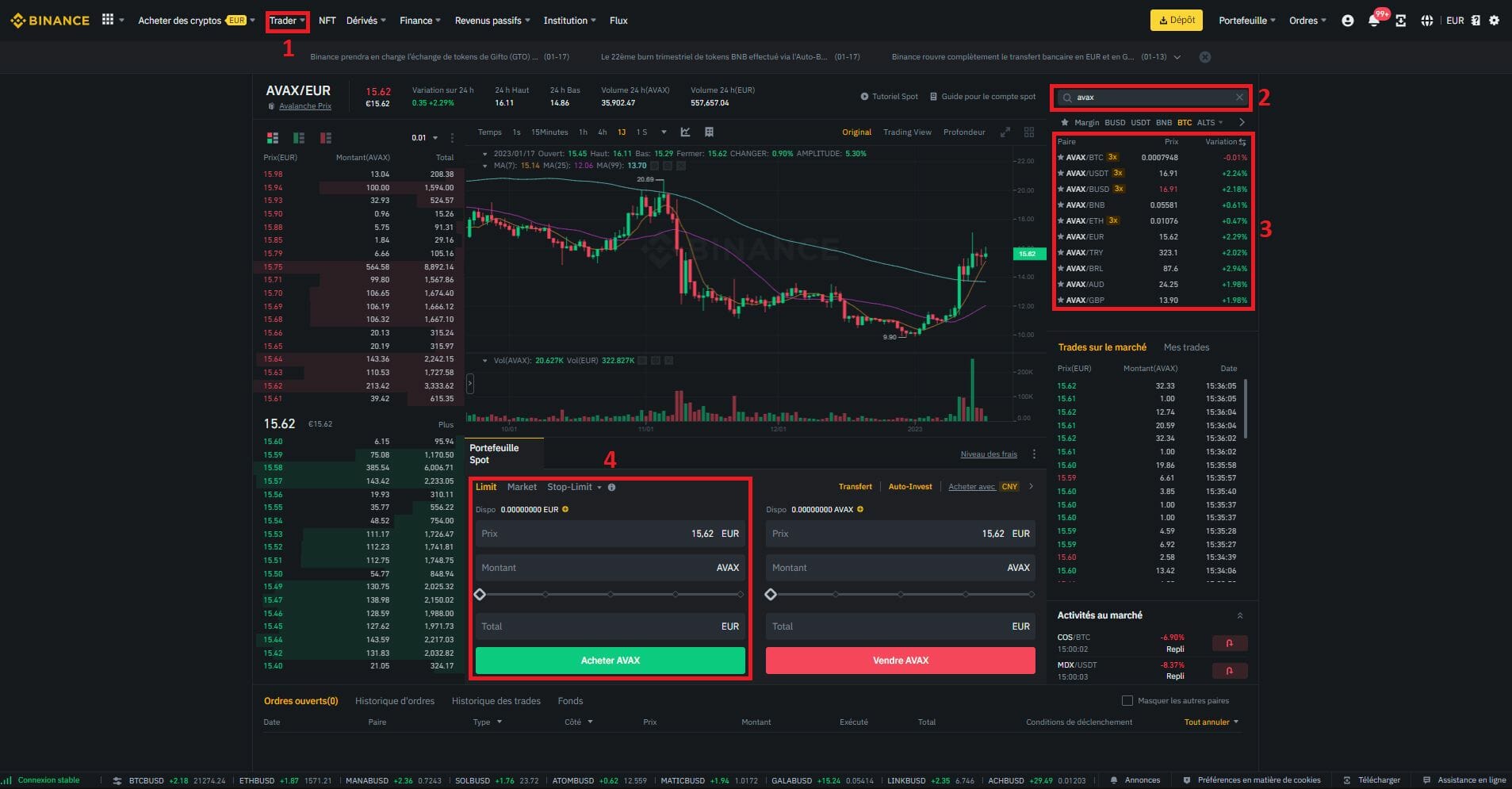 Achat d'AVAX en trading spot sur Binance